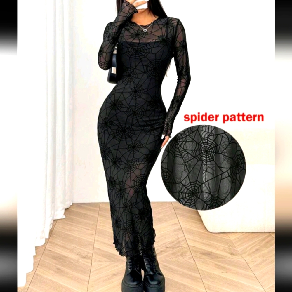 Velvety Spider Web Long Sleeve Dress